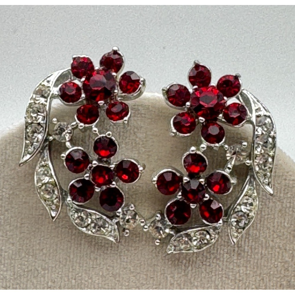 Vintage Lisner Earrings Red Rhinestone Clip On Silver Tone Floral Leaf MCM